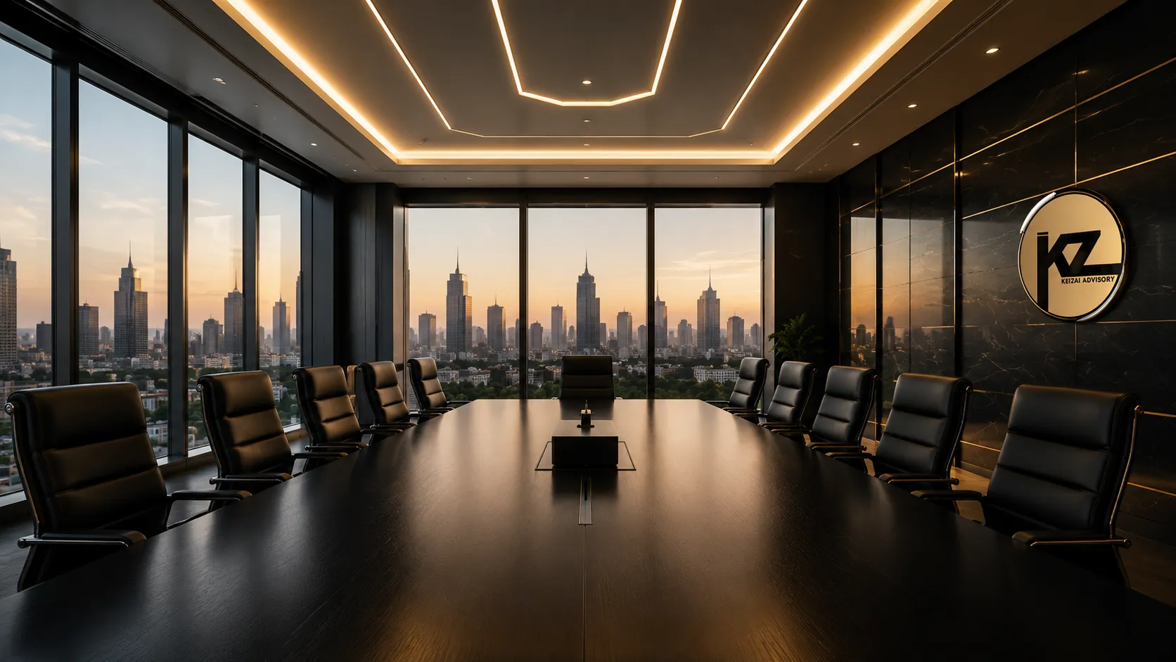 Boardroom with city skyline view